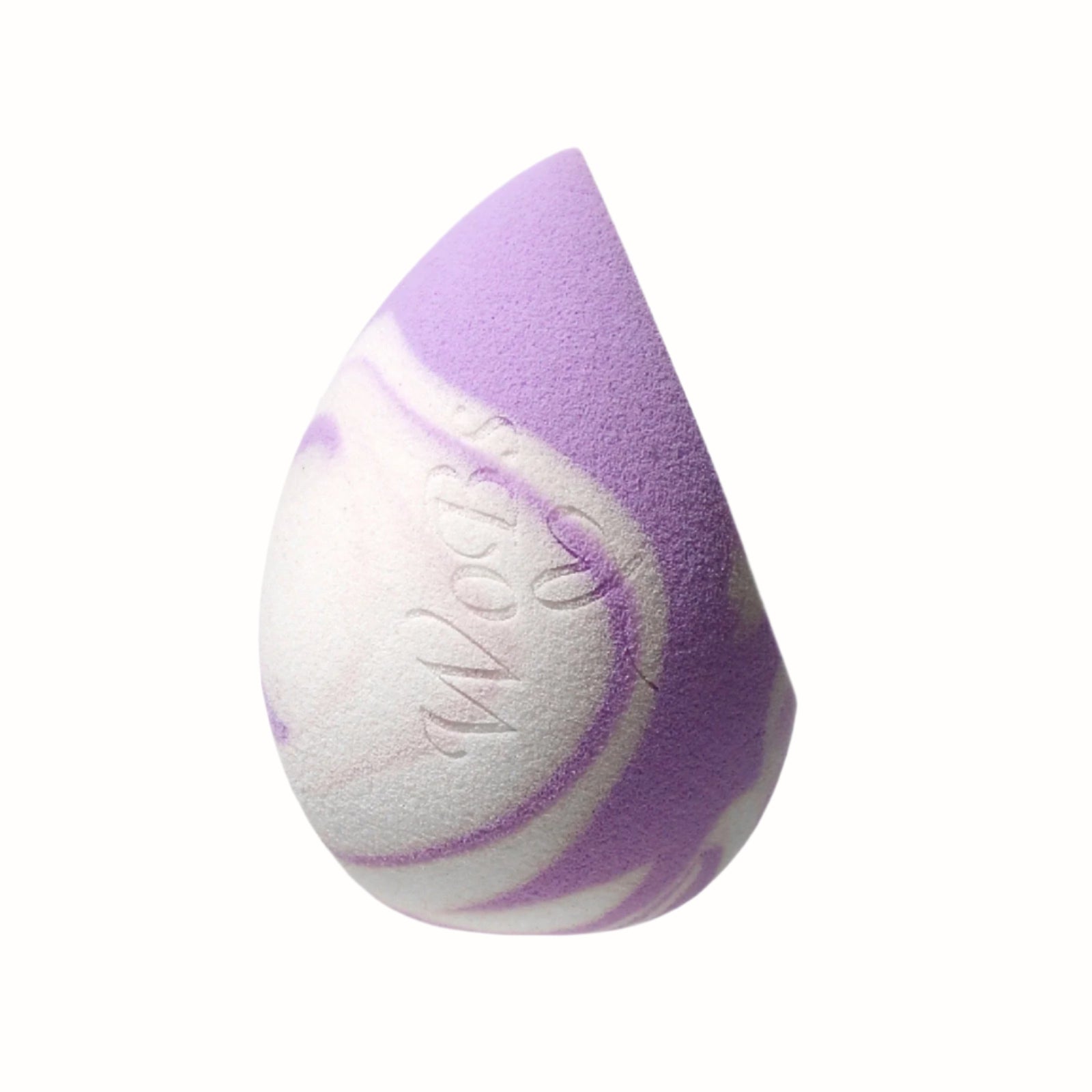 
A teardrop-shaped makeup sponge with a swirled pattern of purple and white. The sponge is soft and designed for applying foundation or other cosmetics for a smooth finish.