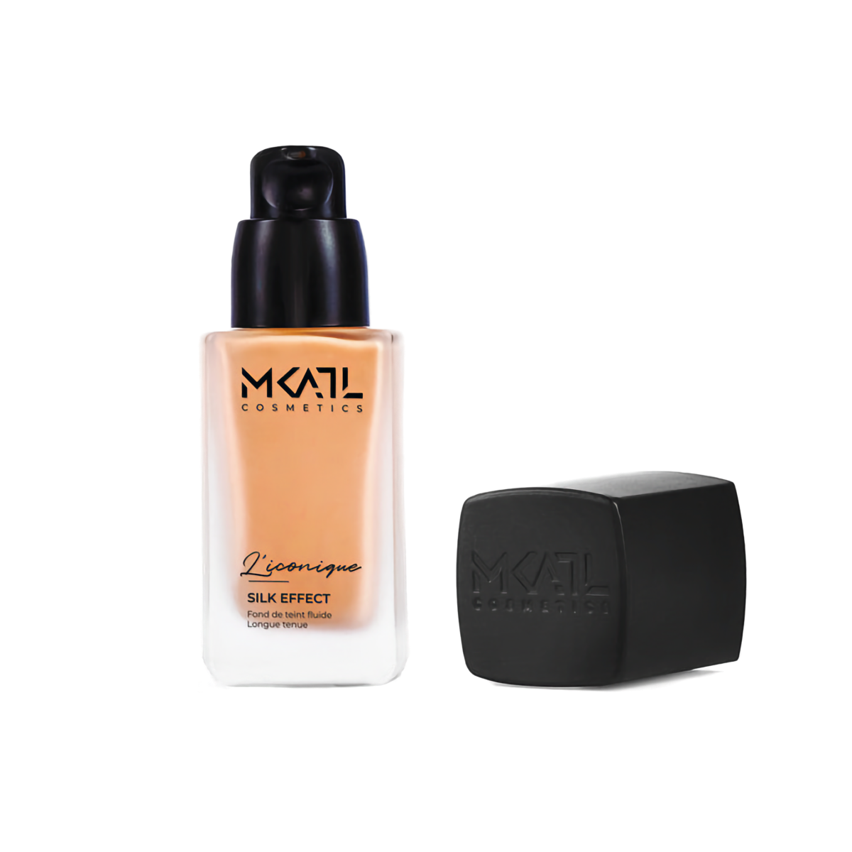 
A fluid foundation in a glass bottle with a black pump dispenser, offering long-lasting coverage for a smooth, silky finish.