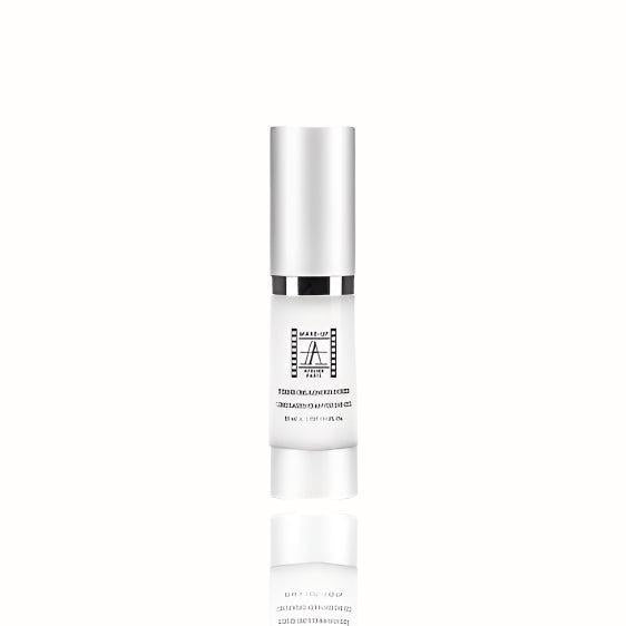 
A sleek white primer in a pump bottle, featuring a silver cap and the Make-Up Atelier Paris branding.